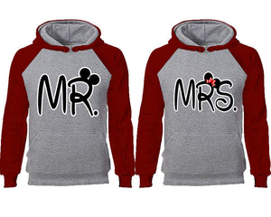 Mr Mrs couple hoodies, raglan hoodie. Burgundy Grey hoodie mens, Burgundy Grey red hoodie womens. 