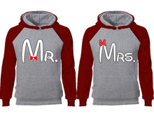 Cargar imagen en el visor de la galería, Mr Mrs couple hoodies, raglan hoodie. Burgundy Grey hoodie mens, Burgundy Grey red hoodie womens. 
