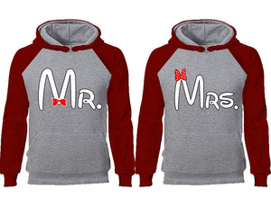 Mr Mrs couple hoodies, raglan hoodie. Burgundy Grey hoodie mens, Burgundy Grey red hoodie womens. 