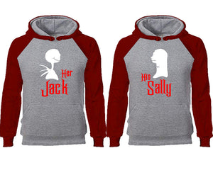 Her Jack His Sally couple hoodies, raglan hoodie. Burgundy Grey hoodie mens, Burgundy Grey red hoodie womens. 
