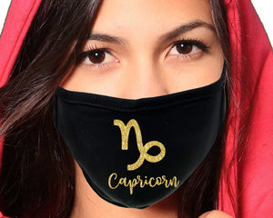 Capricorn  Zodiac Sign face mask with Gold Glitter color design. Washable, reusable face mask.