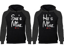 將圖片載入圖庫檢視器 She&#39;s Mine He&#39;s Mine couple hoodies, raglan hoodie. Charcoal Black hoodie mens, Charcoal Black red hoodie womens. 
