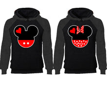 Cargar imagen en el visor de la galería, Mickey Minnie couple hoodies, raglan hoodie. Charcoal Black hoodie mens, Charcoal Black red hoodie womens. 
