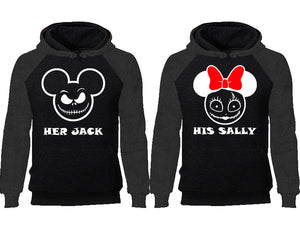 Her Jack and His Sally couple hoodies, raglan hoodie. Charcoal Black hoodie mens, Charcoal Black red hoodie womens. 
