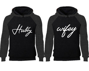 Hubby Wifey couple hoodies, raglan hoodie. Charcoal Black hoodie mens, Charcoal Black red hoodie womens. 