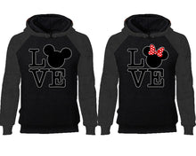 Load image into Gallery viewer, LOVE couple hoodies, raglan hoodie. Charcoal Black hoodie mens, Charcoal Black red hoodie womens. 
