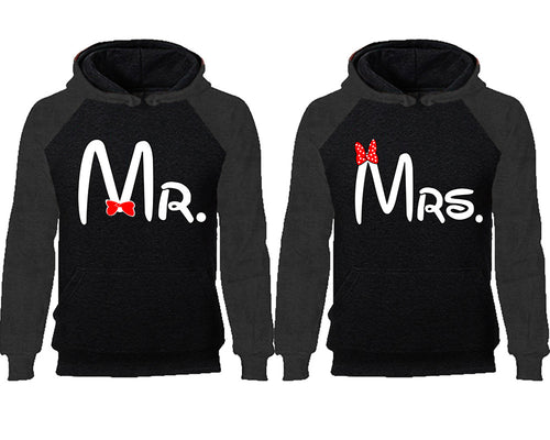 Mr Mrs couple hoodies, raglan hoodie. Charcoal Black hoodie mens, Charcoal Black red hoodie womens. 