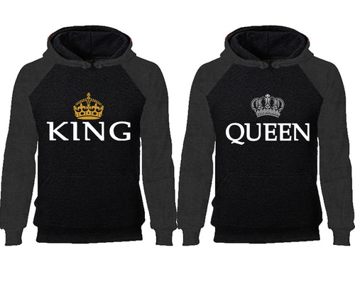 King Queen couple hoodies, raglan hoodie. Charcoal Black hoodie mens, Charcoal Black red hoodie womens. 