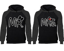 Load image into Gallery viewer, Mr Mrs couple hoodies, raglan hoodie. Charcoal Black hoodie mens, Charcoal Black red hoodie womens. 
