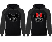 Cargar imagen en el visor de la galería, Mickey Minnie couple hoodies, raglan hoodie. Charcoal Black hoodie mens, Charcoal Black red hoodie womens. 
