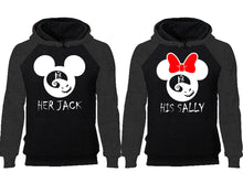 Load image into Gallery viewer, Her Jack and His Sally couple hoodies, raglan hoodie. Charcoal Black hoodie mens, Charcoal Black red hoodie womens. 
