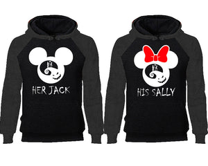 Her Jack and His Sally couple hoodies, raglan hoodie. Charcoal Black hoodie mens, Charcoal Black red hoodie womens. 