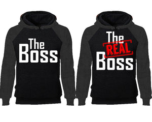 The Boss The Real Boss couple hoodies, raglan hoodie. Charcoal Black hoodie mens, Charcoal Black red hoodie womens. 