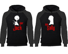 Cargar imagen en el visor de la galería, Her Jack His Sally couple hoodies, raglan hoodie. Charcoal Black hoodie mens, Charcoal Black red hoodie womens. 
