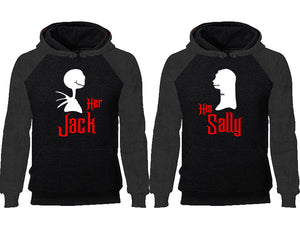 Her Jack His Sally couple hoodies, raglan hoodie. Charcoal Black hoodie mens, Charcoal Black red hoodie womens. 