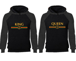 King Queen couple hoodies, raglan hoodie. Charcoal Black hoodie mens, Charcoal Black red hoodie womens. 
