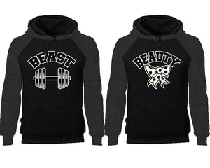 Beast Beauty couple hoodies, raglan hoodie. Charcoal Black hoodie mens, Charcoal Black red hoodie womens. 