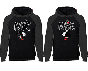 Mr Mrs couple hoodies, raglan hoodie. Charcoal Black hoodie mens, Charcoal Black red hoodie womens. 