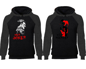 Her Joker His Harley couple hoodies, raglan hoodie. Charcoal Black hoodie mens, Charcoal Black red hoodie womens. 