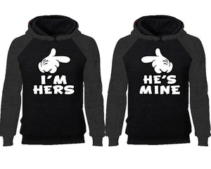 I'm Hers He's Mine couple hoodies, raglan hoodie. Charcoal Black hoodie mens, Charcoal Black red hoodie womens. 
