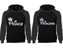 Load image into Gallery viewer, Prince Princess couple hoodies, raglan hoodie. Charcoal Black hoodie mens, Charcoal Black red hoodie womens. 
