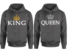 Cargar imagen en el visor de la galería, King Queen hoodie, Matching couple hoodies, Charcoal pullover hoodies. Couple jogger pants and hoodies set.
