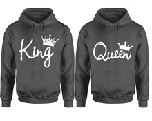 將圖片載入圖庫檢視器 King Queen hoodie, Matching couple hoodies, Charcoal pullover hoodies. Couple jogger pants and hoodies set.
