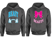 將圖片載入圖庫檢視器 Beast Beauty hoodie, Matching couple hoodies, Charcoal pullover hoodies. Couple jogger pants and hoodies set.
