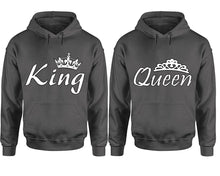 Charger l&#39;image dans la galerie, King Queen hoodie, Matching couple hoodies, Charcoal pullover hoodies. Couple jogger pants and hoodies set.
