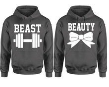 Cargar imagen en el visor de la galería, Beast Beauty hoodie, Matching couple hoodies, Charcoal pullover hoodies. Couple jogger pants and hoodies set.
