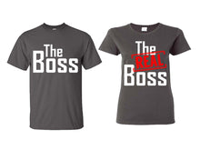Load image into Gallery viewer, The Boss The Real Boss matching couple shirts.Couple shirts, Charcoal t shirts for men, t shirts for women. Couple matching shirts.
