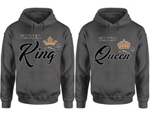 Cargar imagen en el visor de la galería, King Queen hoodie, Matching couple hoodies, Charcoal pullover hoodies. Couple jogger pants and hoodies set.
