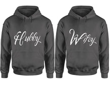 Cargar imagen en el visor de la galería, Hubby and Wifey hoodies, Matching couple hoodies, Charcoal pullover hoodies
