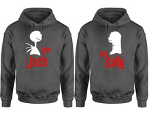 Cargar imagen en el visor de la galería, Her Jack His Sally hoodie, Matching couple hoodies, Charcoal pullover hoodies. Couple jogger pants and hoodies set.
