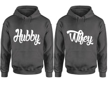Cargar imagen en el visor de la galería, Hubby and Wifey hoodies, Matching couple hoodies, Charcoal pullover hoodies

