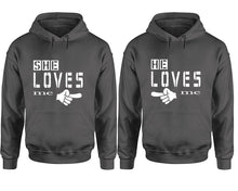Load image into Gallery viewer, She Loves Me and He Loves Me hoodies, Matching couple hoodies, Charcoal pullover hoodies

