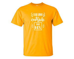 Think Outside The Box custom t shirts, graphic tees. Gold t shirts for men. Gold t shirt for mens, tee shirts.