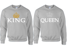 Load image into Gallery viewer, King Queen couple sweatshirts. Sports Grey sweaters for men, sweaters for women. Sweat shirt. Matching sweatshirts for couples
