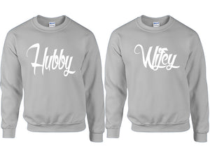 Hubby and Wifey couple sweatshirts. Sports Grey sweaters for men, sweaters for women. Sweat shirt. Matching sweatshirts for couples