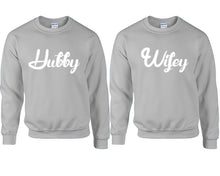 Charger l&#39;image dans la galerie, Hubby and Wifey couple sweatshirts. Sports Grey sweaters for men, sweaters for women. Sweat shirt. Matching sweatshirts for couples
