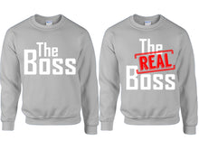 Load image into Gallery viewer, The Boss The Real Boss couple sweatshirts. Sports Grey sweaters for men, sweaters for women. Sweat shirt. Matching sweatshirts for couples
