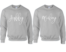 Load image into Gallery viewer, Hubby and Wifey couple sweatshirts. Sports Grey sweaters for men, sweaters for women. Sweat shirt. Matching sweatshirts for couples
