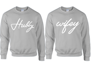 Hubby Wifey couple sweatshirts. Sports Grey sweaters for men, sweaters for women. Sweat shirt. Matching sweatshirts for couples