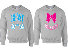 Load image into Gallery viewer, Beast Beauty couple sweatshirts. Sports Grey sweaters for men, sweaters for women. Sweat shirt. Matching sweatshirts for couples
