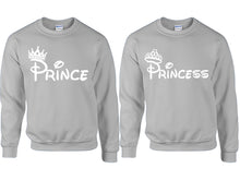 Load image into Gallery viewer, Prince Princess couple sweatshirts. Sports Grey sweaters for men, sweaters for women. Sweat shirt. Matching sweatshirts for couples
