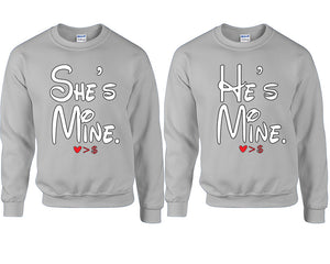 She's Mine He's Mine couple sweatshirts. Sports Grey sweaters for men, sweaters for women. Sweat shirt. Matching sweatshirts for couples