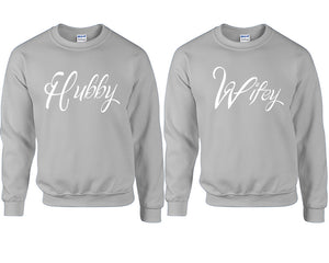 Hubby and Wifey couple sweatshirts. Sports Grey sweaters for men, sweaters for women. Sweat shirt. Matching sweatshirts for couples