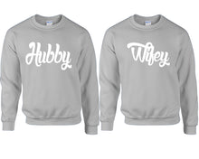 Load image into Gallery viewer, Hubby and Wifey couple sweatshirts. Sports Grey sweaters for men, sweaters for women. Sweat shirt. Matching sweatshirts for couples
