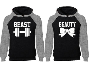 Beast Beauty couple hoodies, raglan hoodie. Grey Black hoodie mens, Grey Black red hoodie womens. 