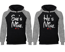 將圖片載入圖庫檢視器 She&#39;s Mine He&#39;s Mine couple hoodies, raglan hoodie. Grey Black hoodie mens, Grey Black red hoodie womens. 
